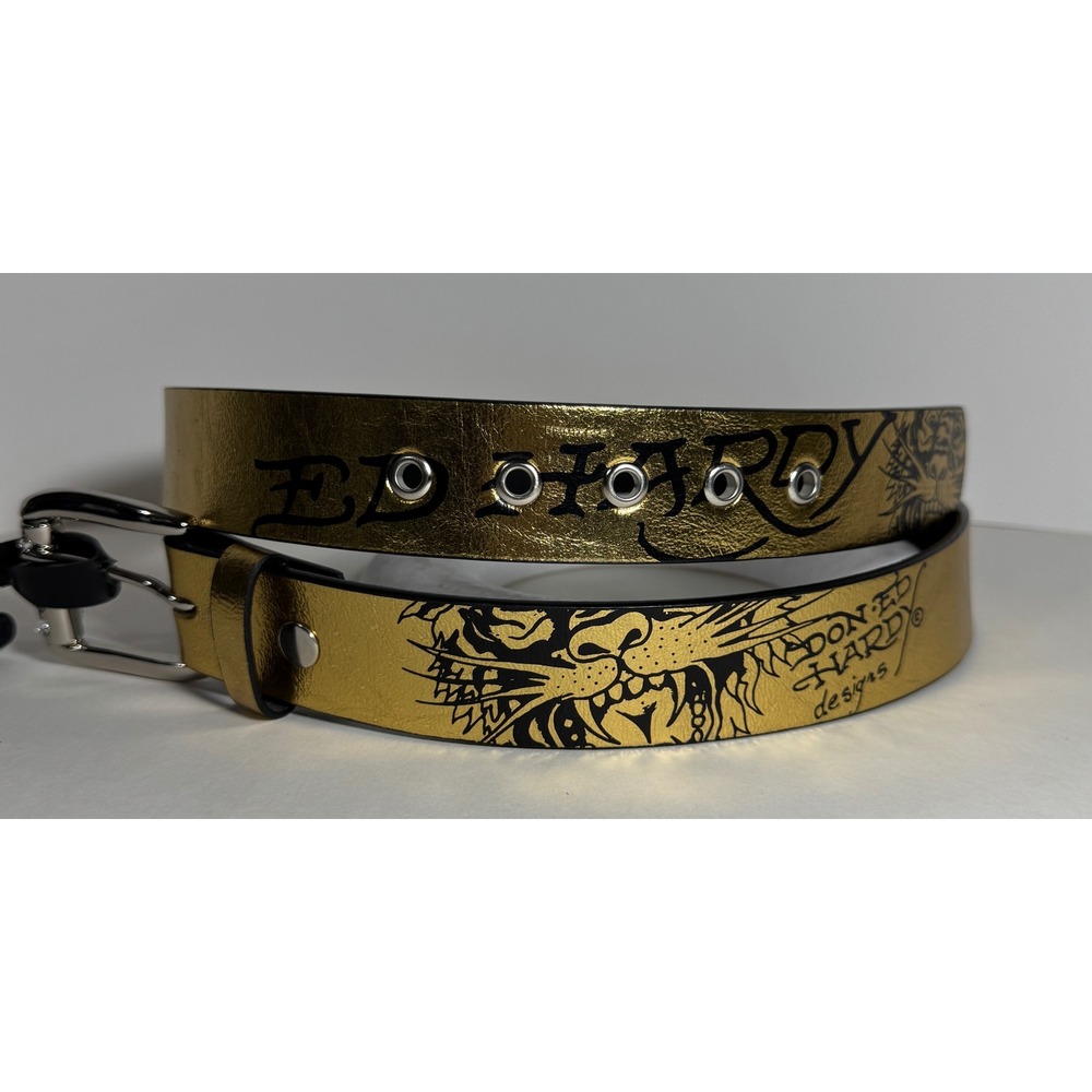 Ed Hardy Mens Gold Metallic Tattoo Print Belt Tiger Skull Snake Size 36 Y2K